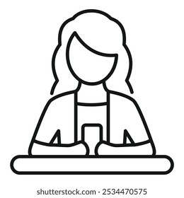 Line art icon of a female cashier holding a credit card behind a counter, potentially processing a payment