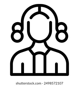 Line art icon of a female judge wearing a traditional wig and robe, symbolizing law, justice, and court proceedings