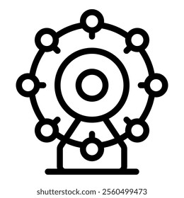 Line art icon of a ferris wheel with cabins, representing amusement park attractions