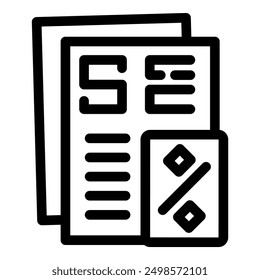 Icono de arte lineal de documentos financieros con un símbolo de porcentaje, que representa un informe financiero