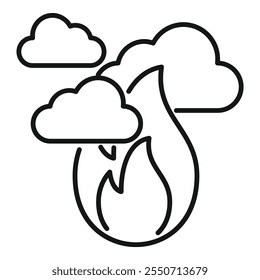 Line art icon of fire engulfing the earth with clouds, representing the urgent issue of global warming