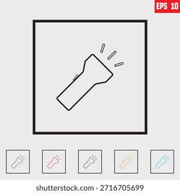 Line art icon of a flashlight, which is a small, portable electric lamp powered by batteries, The icon is a simple outline drawing of a flashlight shining light, Flashlights are also commonly referred to as torches in British English and other Commonwealth countries. 