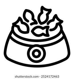 Line art icon of a full cat food bowl with fish inside, perfect for projects related to pets, food, and animal care