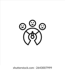 A line art icon of a gauge with a needle pointing towards a central happy face emoji, flanked by a sad and a neutral face, representing a satisfaction or feedback scale.
