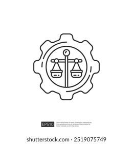 Linha Art Ícone de uma engrenagem com escalas da justiça dentro para o sistema jurídico e da justiça, lei e ordem, negócios e finanças