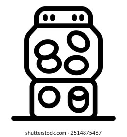 Line art icon of a gumball vending machine dispensing colorful bubblegum balls