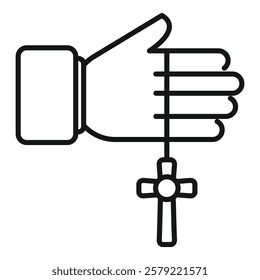 Line art icon of a hand holding a cross necklace, symbolizing faith and spirituality