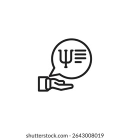 A line art icon of a hand offering a speech bubble containing the Greek letter Psi (Ψ) and horizontal lines, commonly associated with psychology or mental health services.