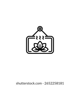 Line art icon of a hanging signboard with a lotus flower and aromatic steam rising above it. This design symbolizes aromatherapy, inner peace, spiritual wellness, and tranquil environments. Commonly u