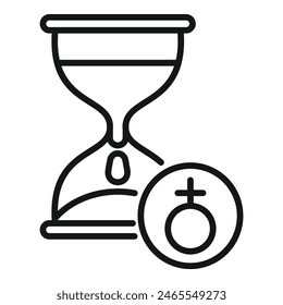 Line art icon of an hourglass next to a female gender symbol, symbolizing time and women