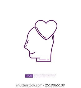 Line art icon of a human head with a heart above it. Concept of love, charity, compassion, care, empathy, kindness, support, volunteer, donation, altruism