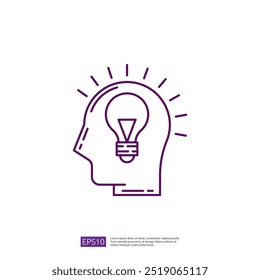 Line art icon of a human head with a light bulb inside, symbolizing ideas, innovation, creativity, and inspiration.