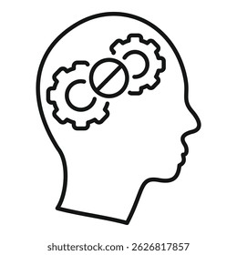 Line art icon of a human head with cogwheels and co2 crossed out symbolizing eco conscious thinking