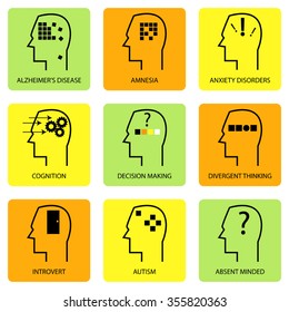 Line art icon of human mind thinking process, characteristic, disease and psychological terms
