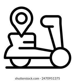 Ilustración de icono de arte de línea de un scooter de entrega con un símbolo de pin de ubicación