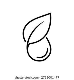 Icono de arte lineal de una hoja y una gota, que simboliza la naturaleza, orgánico, ecológico o aceite esencial aislado en blanco