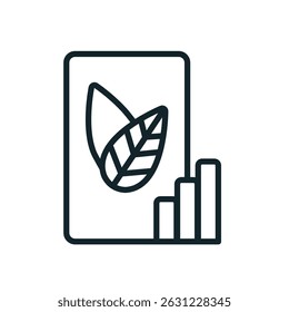 Icono de arte lineal de una hoja dentro de un documento con un gráfico de barras en crecimiento, que representa un proyecto de ciudad verde