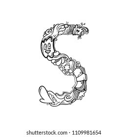 Line art icon of letter S, vector cartoon illustration isolated on white background, coloring book page