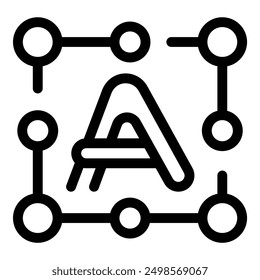 Line art icon of the letter a surrounded by nodes, representing an ai algorithm analyzing data