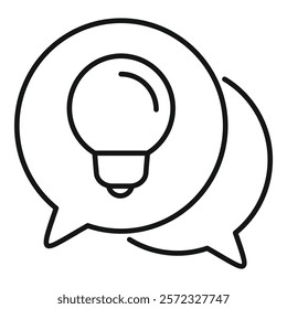 Line art icon of a lightbulb within a speech bubble, symbolizing idea exchange and innovation communication