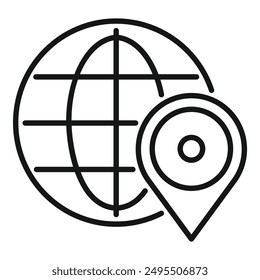 Line art icon of a location pin overlapping a globe, representing global positioning and navigation