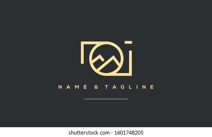 A line art icon logo of a camera with mountains 