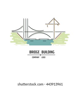 Line art icon or logo design. Brand element for a bridge building company. Modern line illustration of the bridge constructing process, with a crane, under water.