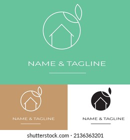 A line art icon logo of a house  home with a leaf circle
