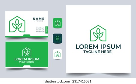 A line art icon logo of a house, home leaf logo template with business card design