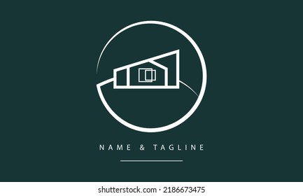 A line art icon logo of a modern house or home with a leaf in circle