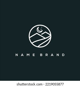a line art icon logo of a mountain at night in a circle