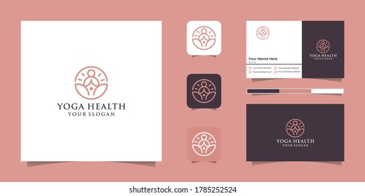 A line art icon logo of a yoga person with buddha line logo and business card design