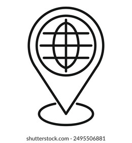 Line art icon of a map pin containing a globe representing global positioning