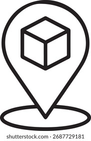Ícone de arte de linha de um pino de mapa com um cubo 3D no interior, simbolizando a localização de mercadorias ou entrega.