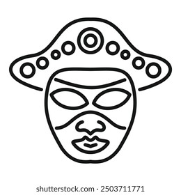 Line art icon of a mardi gras mask with a hat, celebrating the carnival season