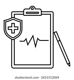 Line art icon of a medical clipboard with heartbeat graph, pen, and health shield symbol, representing healthcare documentation and patient records.