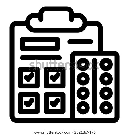 Line art icon of a medical prescription form being checked off for a blister pack of pills