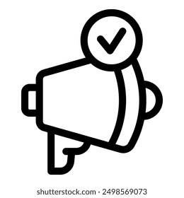 Line art icon of a megaphone with a check mark symbolizing a successful announcement or marketing campaign