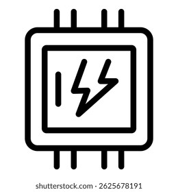 Line art icon of a microchip showing a lightning bolt symbol, representing processing power