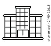 Line art icon of a modern office building with large windows, evoking corporate business and urban architecture