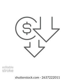 Line Art Icon of Money Value Decreasing and Price Drop Budget Outline Editable Stroke Financial Cost Saving