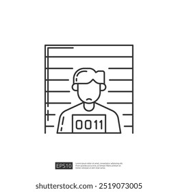 Line art icon of a mugshot, criminal, suspect, prisoner, police station, jail, arrest, crime, law, justice, court, police, detention, interrogation, investigation, suspect, evidence, criminal record