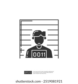 Line art icon of a mugshot, criminal, suspect, prisoner, police station, jail, arrest, crime, law, justice, court, police, detention, interrogation, investigation, suspect, evidence, criminal record