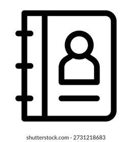 A line art icon of a notebook with a visible binding spine and a human silhouette on the cover. This black-and-white illustration represents a contact book, address book, networking directory, or personal profile management.