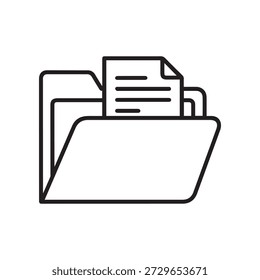 Linienkunstsymbol eines geöffneten Ordners mit einem Dokument mit Linien, die Organisation und Dokumente kennzeichnen