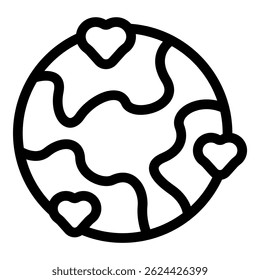 Line art icon of our planet with hearts surrounding it, symbolizing global love and unity
