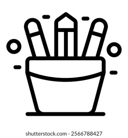 Line art icon of pencils and pens in a pot, representing creativity and organization