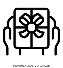 Line art icon of a person giving a wrapped gift box with a ribbon bow