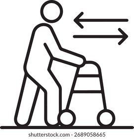 Ícone de arte de linha de uma pessoa usando um andador com setas indicando movimento e direção.