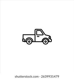 A line art icon of a pickup truck in a side profile view. Monochrome symbol of a utility vehicle, isolated on a white background.